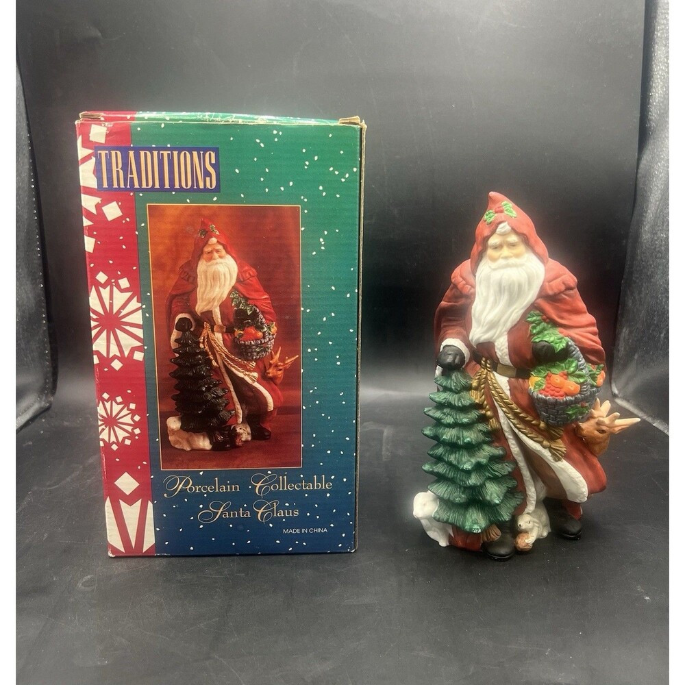 Traditions Santa Claus Porcelain Figurine 8" Christmas Tree Reindeer Rabbit Box